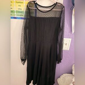 Sheer Sleeve Black Midi Dress